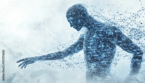 Binary Flow: Futuristic Humanoid with Transparent Body Surrounded by Digital Nodes