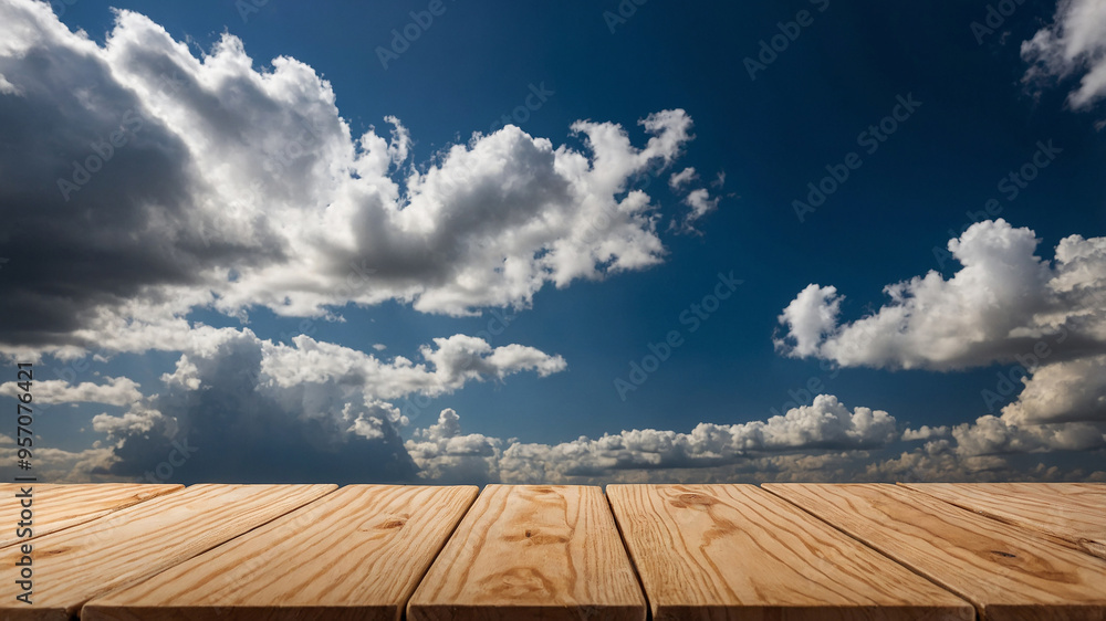 Wooden planks with dramatic cloud-filled sky in the background, resembling a peaceful and serene scene. Wooden planks with dramatic cloud-filled sky in the background, resembling a peaceful and serene scene.