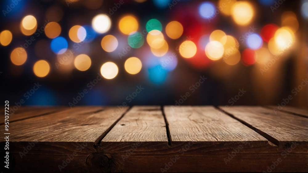 Wooden table with blurred sparkling lights background, perfect for festive settings and displays. Wooden table with blurred sparkling lights background, perfect for festive settings and displays.