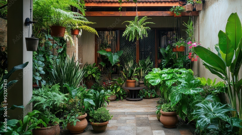 Fototapeta premium Serene Outdoor Patio Oasis Surrounded by Lush Greenery and Blooming Flowers