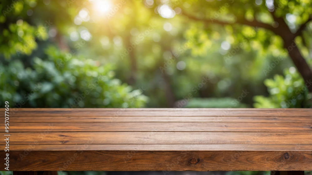 Outdoor wooden table with lush green foliage in the blurred background on a sunny day, creating a cozy feel. Outdoor wooden table with lush green foliage in the blurred background on a sunny day, creating a cozy feel.