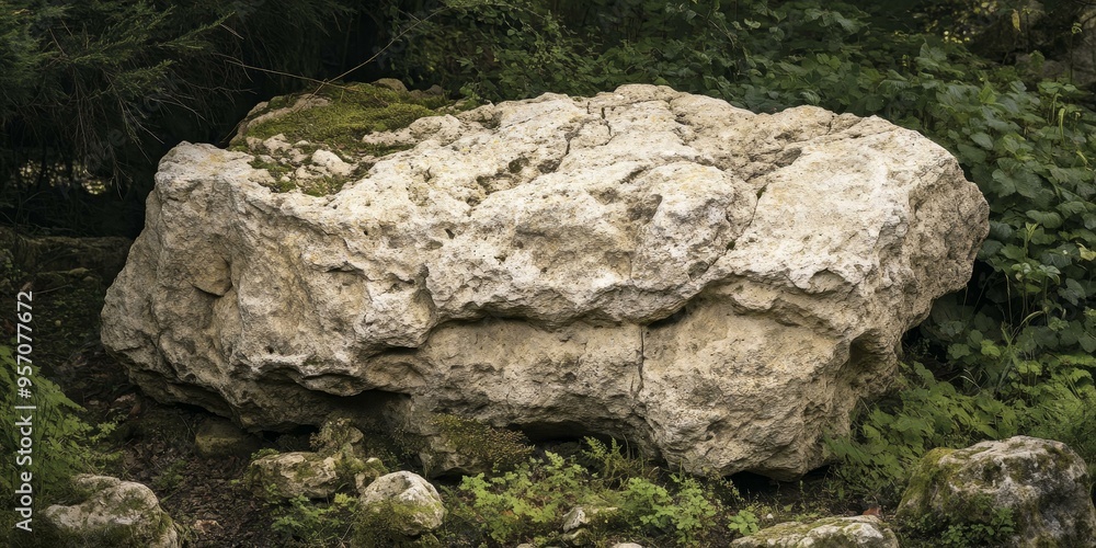 Large, weathered rock surrounded by lush greenery. Large, weathered rock surrounded by lush greenery.
