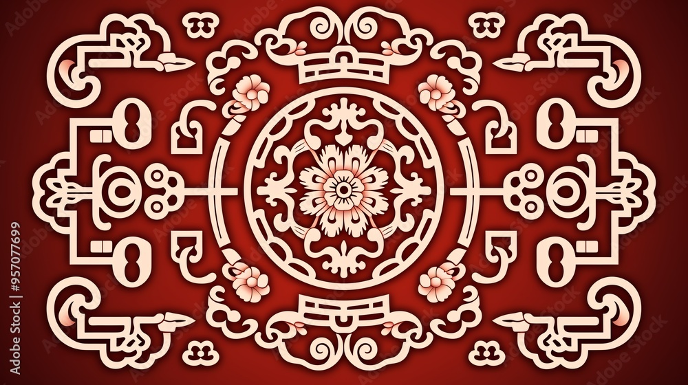 Elegant decorative pattern on a rich red background, showcasing intricate floral designs and traditional motifs. Elegant decorative pattern on a rich red background, showcasing intricate floral designs and traditional motifs.