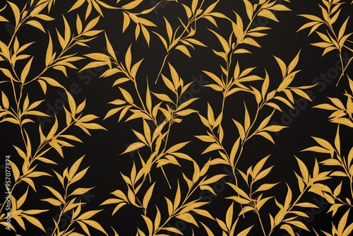 Wallpaper Mural Elegant black background adorned with intricate golden leaf patterns, perfect for a sophisticated design element. Torontodigital.ca