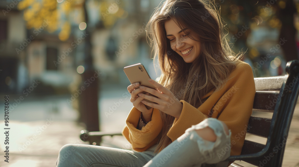 Young woman smiling while using smartphone on park bench in autumn. Young woman smiling while using smartphone on park bench in autumn.