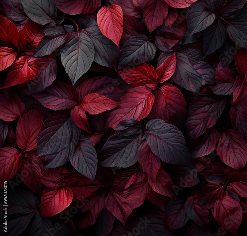 A background of dark red autumn leaves, seen from the top. A color concept of fall.