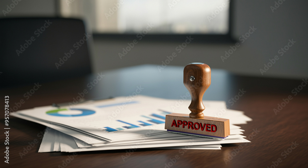 Stamp approved documents on office desk with financial graphs and reports Stamp approved documents on office desk with financial graphs and reports