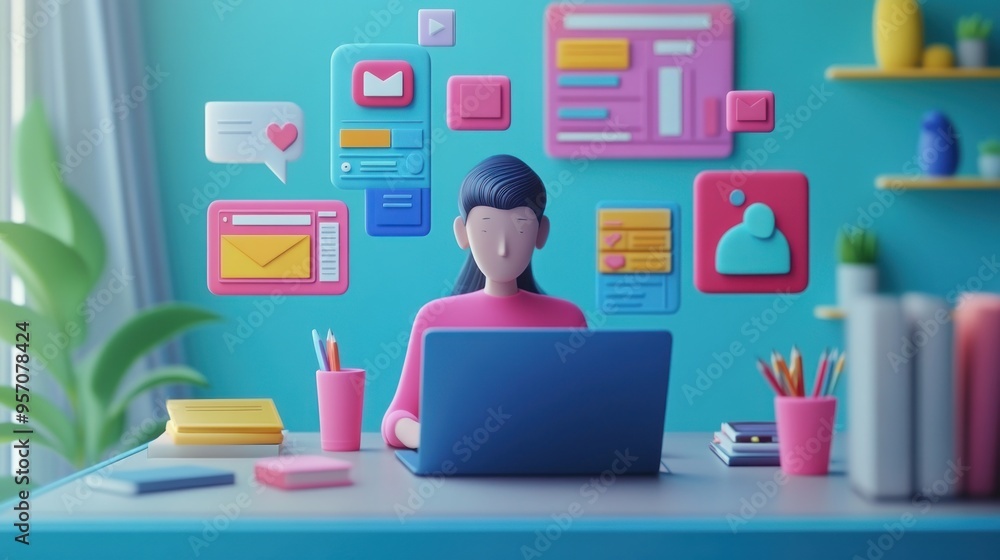 Woman Working on a Laptop in a 3D Cartoon Illustration