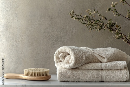 Soft beige towels with brush and plant on shelf
