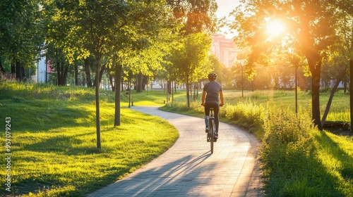 Fototapeta Naklejka Na Ścianę i Meble -  Eco-Friendly Commuting: Cyclist Riding Electric Bike in Vibrant Urban Park