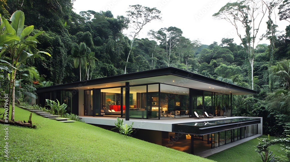 A sleek, eco-friendly rainforest house with a minimalist design, large glass windows, and a seamless connection to the surrounding nature A sleek, eco-friendly rainforest house with a minimalist design, large glass windows, and a seamless connection to the surrounding nature