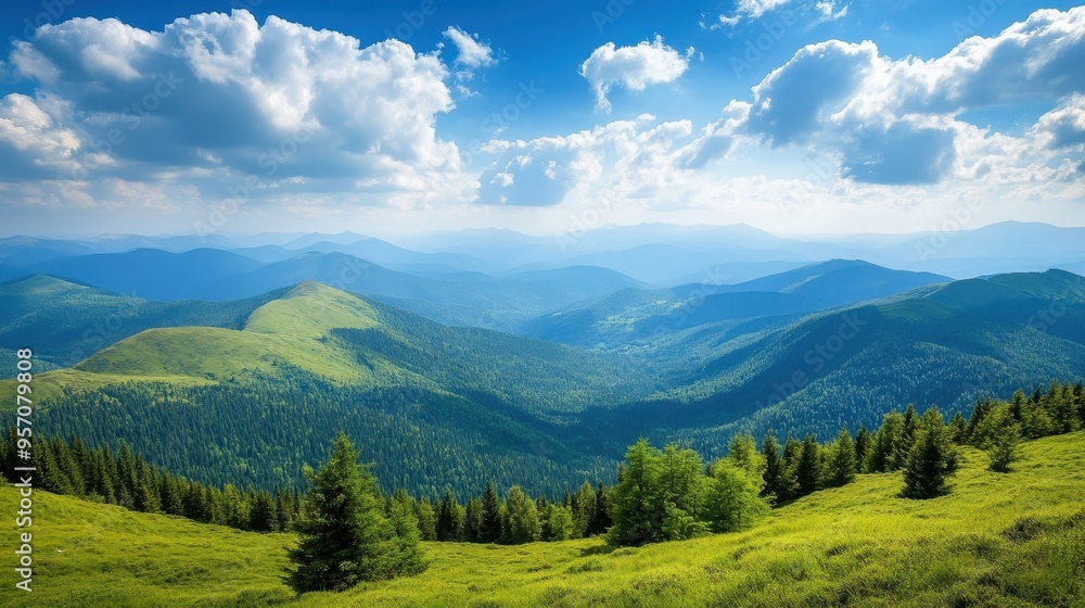 Majestic Mountain Landscape with Lush Green Valleys and Forests Beneath Clear Blue Skies Majestic Mountain Landscape with Lush Green Valleys and Forests Beneath Clear Blue Skies