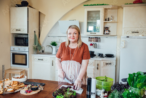 Woman Cook Housewife Preparing Fresh Vegetables And Beetroot Salad For Meal