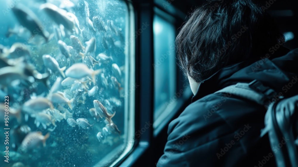 A person wearing a black jacket with a backpack is observing fish through an aquarium window, showcasing the beauty and diversity of underwater life. A person wearing a black jacket with a backpack is observing fish through an aquarium window, showcasing the beauty and diversity of underwater life.