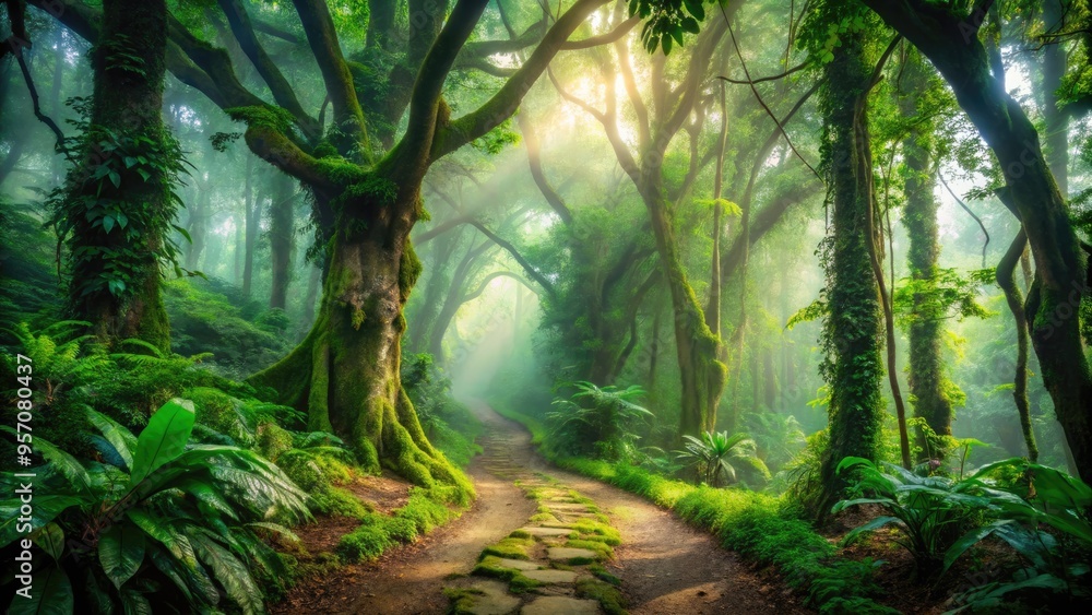 Vibrant emerald foliage envelops a winding dirt path as ancient trees stretch towards the sky, casting dappled shadows in a mystical, misty jungle landscape. Vibrant emerald foliage envelops a winding dirt path as ancient trees stretch towards the sky, casting dappled shadows in a mystical, misty jungle landscape.