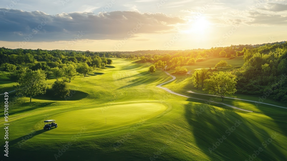 Serene Golf Course Landscape with Eco-Friendly Solar-Powered Golf Carts on the Horizon Serene Golf Course Landscape with Eco-Friendly Solar-Powered Golf Carts on the Horizon