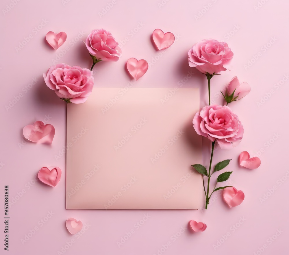 pink roses and paper with hearts on background pink roses and paper with hearts on background