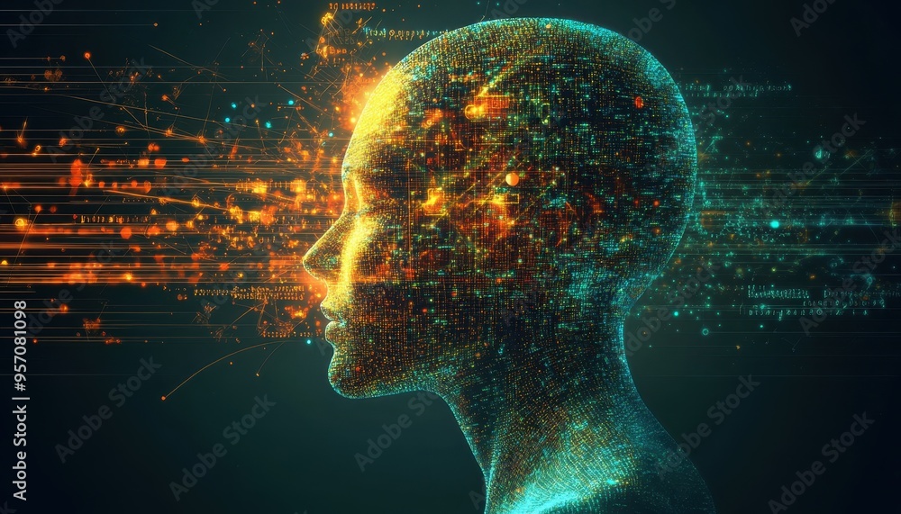 Obraz premium Futuristic AI Integration: Humanoid Form with Glowing Patterns and Binary Streams