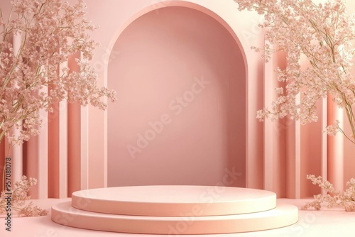 Two-tiered circular podium with pink flowers in a pink room with archway.