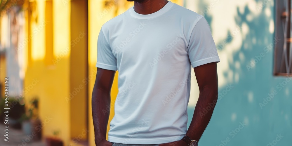 Man wearing a white t-shirt against colorful wall. Man wearing a white t-shirt against colorful wall.