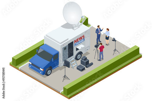 Isometric Broadcast Car with Satellite Dish. Car TV. Television Network. TV Live News Program.