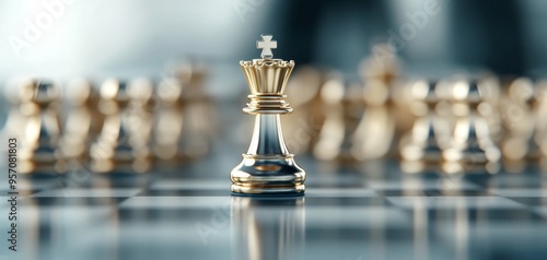 A chess game on an table with a black background and copy space, featuring a businessman's hand moving a chess piece. The scene captures the strategic concept, King, Queen, Rook, and Knight