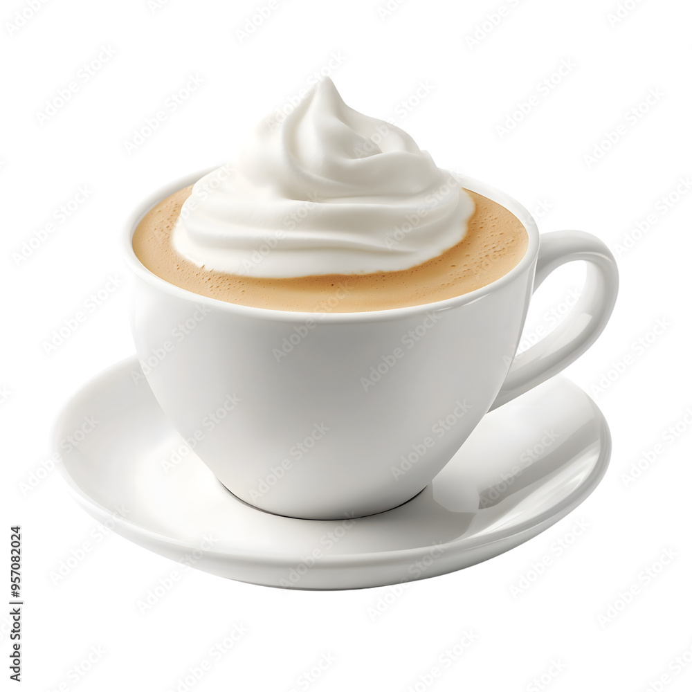 Hot Cappuccino with milk foam in white cup isolated on transparent background Generative Ai. Hot Cappuccino with milk foam in white cup isolated on transparent background Generative Ai.