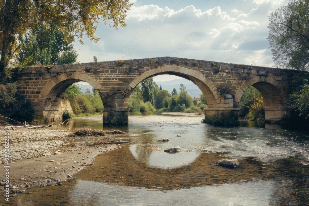 A timeless stone bridge standing over a peaceful river, surrounded by verdant greenery and capturing the essence of nature. A timeless stone bridge standing over a peaceful river, surrounded by verdant greenery and capturing the essence of nature.