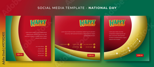 Set of square social media post template with wavy green yellow design in red background
