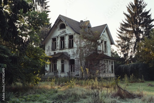 An overgrown, neglected house stands amidst wild vegetation, emanating an air of mystery and a forgotten past.