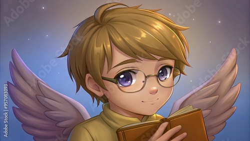 Angelic Boy Reading a Book with Wings photo