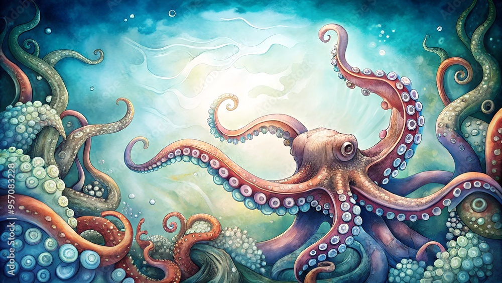 custom made wallpaper toronto digitalantasy Octopus with Twisting Tentacles in Enchanting Underwater Scene