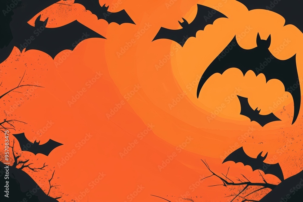 Halloween bats flying in the sky on an orange background, a banner design template. Halloween bats flying in the sky on an orange background, a banner design template.