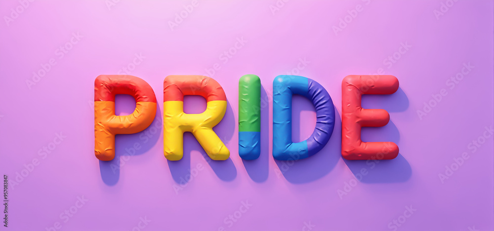 Colorful letters spelling pride in bright shades on a purple background, celebrating LGBTQ+ awareness and inclusivity Colorful letters spelling pride in bright shades on a purple background, celebrating LGBTQ+ awareness and inclusivity
