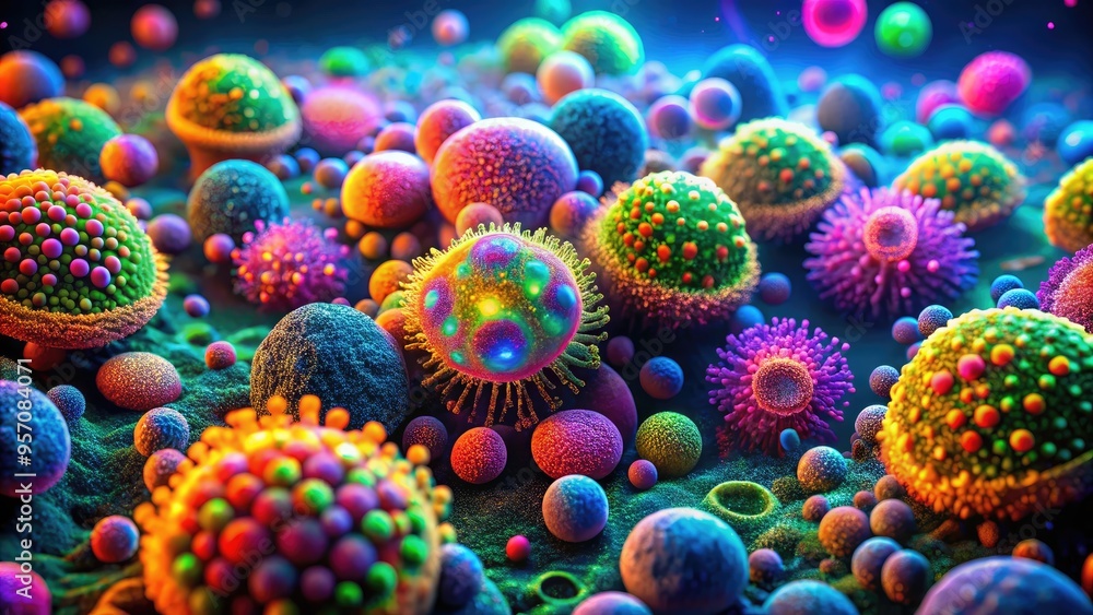 Vibrant fluorescent cells and microbes under the lens of a modern microscope, illuminated with bright colors and precise focus, revealing intricate biological structures. Vibrant fluorescent cells and microbes under the lens of a modern microscope, illuminated with bright colors and precise focus, revealing intricate biological structures.