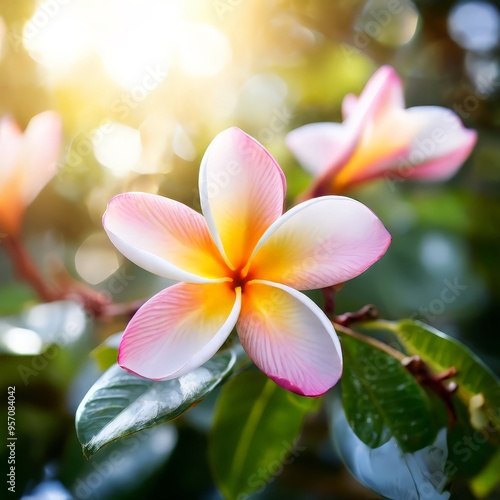 pink and white flower with green leaves