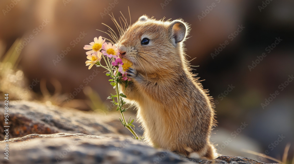 Cute Rodent Sniffing Flowers in Nature Cute Rodent Sniffing Flowers in Nature