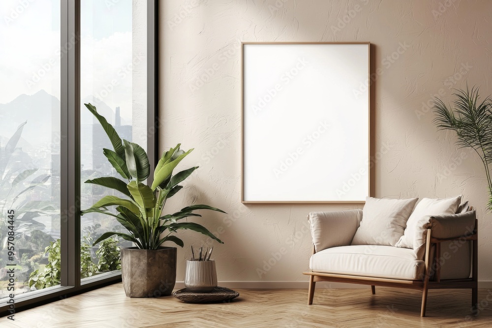Poster Frame in Beige minimalist living room interior created with generative AI Poster Frame in Beige minimalist living room interior created with generative AI