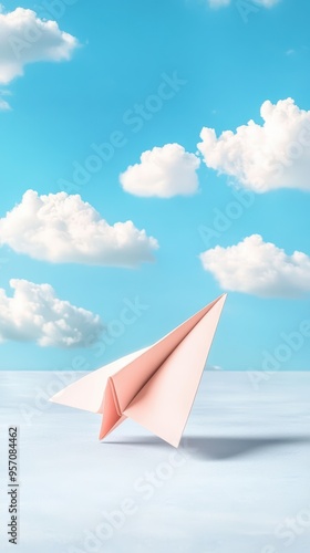 A pink paper airplane flying through a clear blue sky with fluffy clouds, symbolizing freedom and imagination.