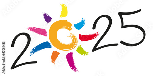 Carte de vœux sur le concept de l’espoir et de l’optimisme pour l’année 2025, avec le symbole d’un soleil aux rayons multicolore.