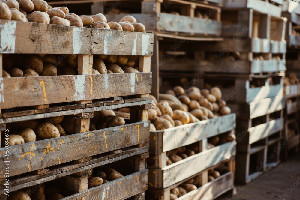 Sturdy wooden crates filled with freshly harvested potatoes are stacked neatly in an outdoor storage area. Sturdy wooden crates filled with freshly harvested potatoes are stacked neatly in an outdoor storage area.