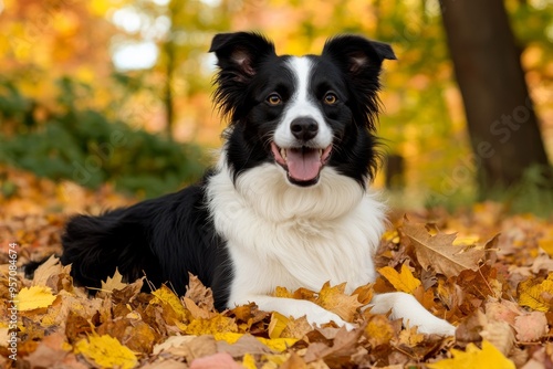 The tri-color Border Collie takes a walk in the park in autumn with the yellow grass.