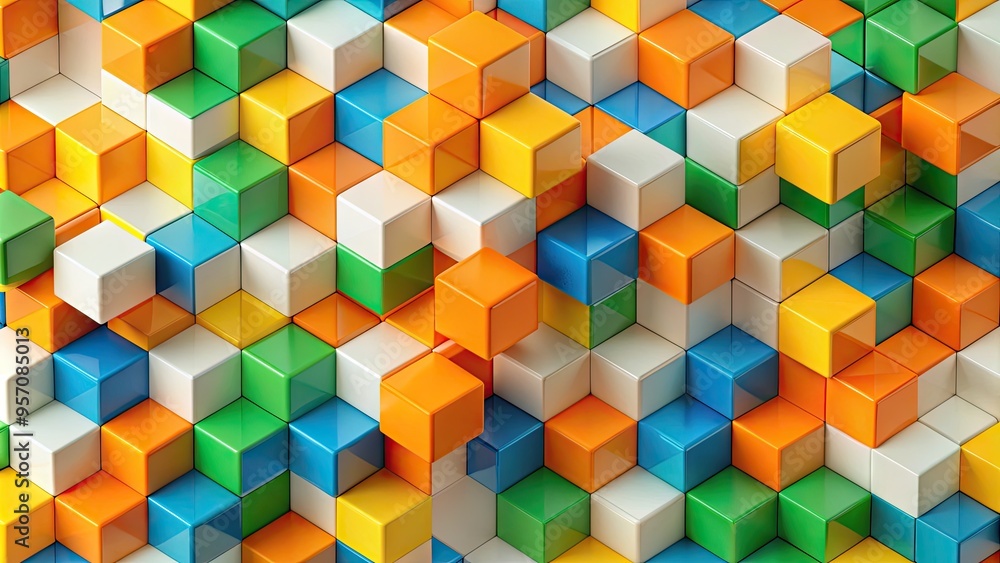 Obraz premium Vibrant geometric blocks of orange, yellow, blue, and green create a dynamic, abstract pattern on a white background, showcasing a playful and modern aesthetic.