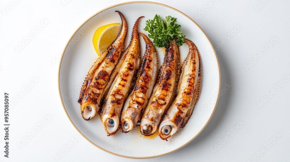 Minimalistic Top View of Yaowarat-Style Grilled Squid on White Plate with White Background Minimalistic Top View of Yaowarat-Style Grilled Squid on White Plate with White Background