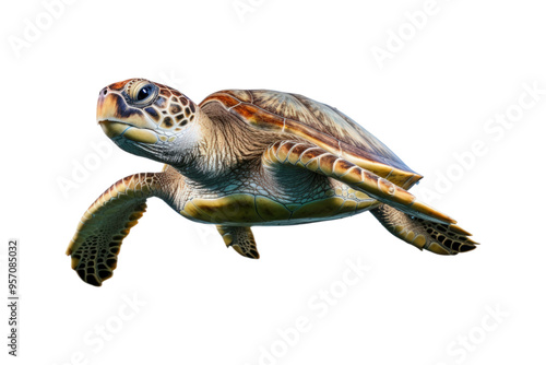 close up of a sea turtle on a white backdrop. Ideal for instructional materials on environmental issues, conservation, and marine life photo