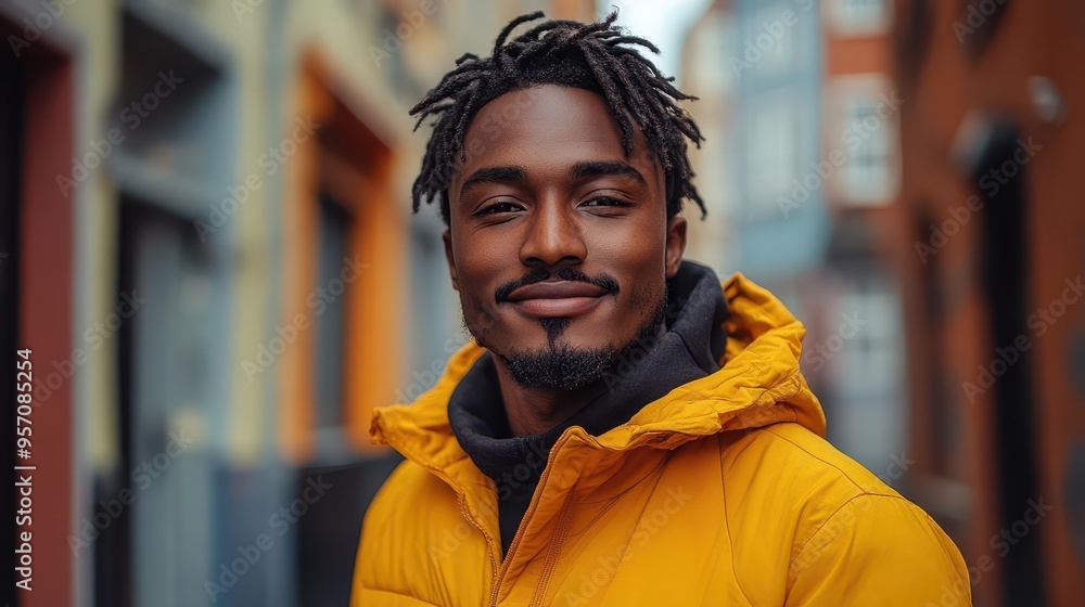 portrait of a charismatic young man in a vibrant yellow jacket industrial backdrop with warm lighting emphasizes his friendly smile and confident demeanor portrait of a charismatic young man in a vibrant yellow jacket industrial backdrop with warm lighting emphasizes his friendly smile and confident demeanor