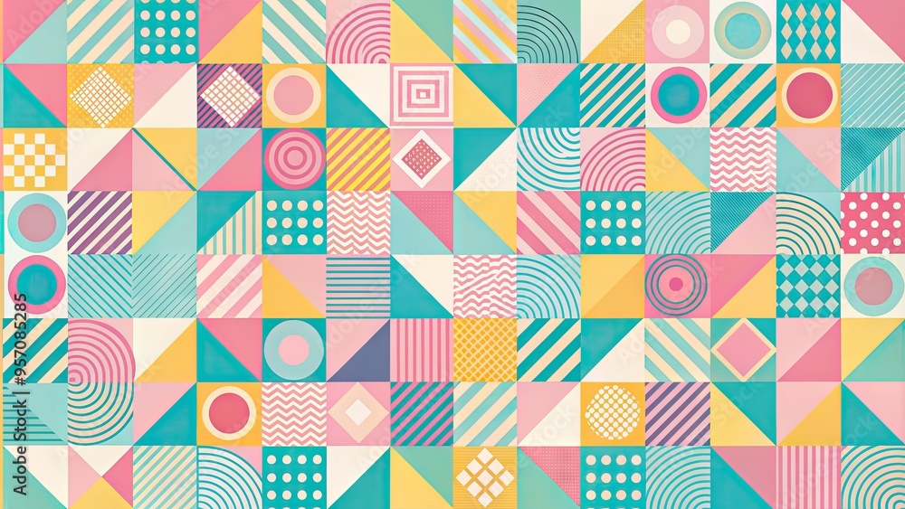 Vibrant geometric patterns and shapes in pastel hues overlap and intersect, creating a modern, abstract, and customizable template for backgrounds, textures, and design elements. Vibrant geometric patterns and shapes in pastel hues overlap and intersect, creating a modern, abstract, and customizable template for backgrounds, textures, and design elements.