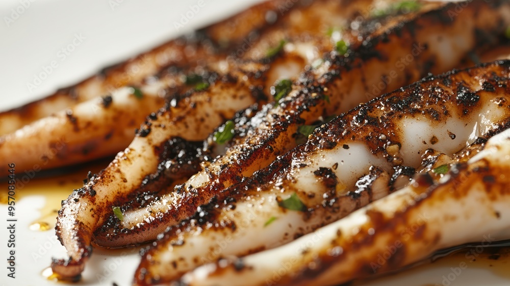 Succulent Charred Grilled Squid with Seasoning on White Background Succulent Charred Grilled Squid with Seasoning on White Background