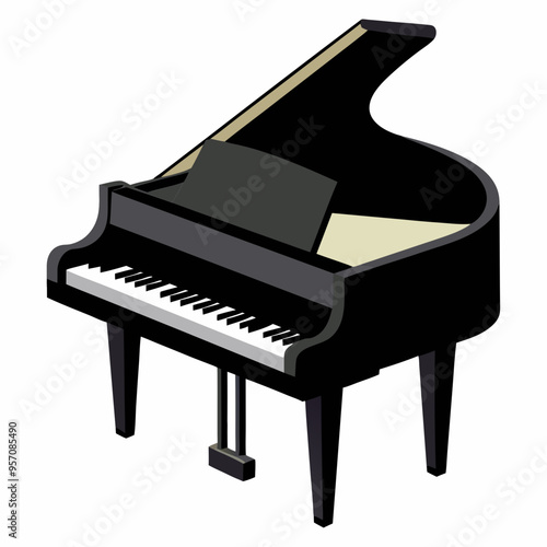 piano silhouette, a grand piano shape, grand piano and music notes