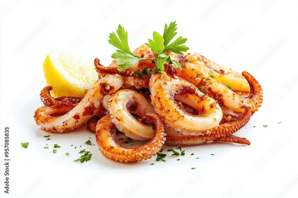 Tender Grilled Squid on White Background, Seafood Delicacy with Crispy Texture Tender Grilled Squid on White Background, Seafood Delicacy with Crispy Texture